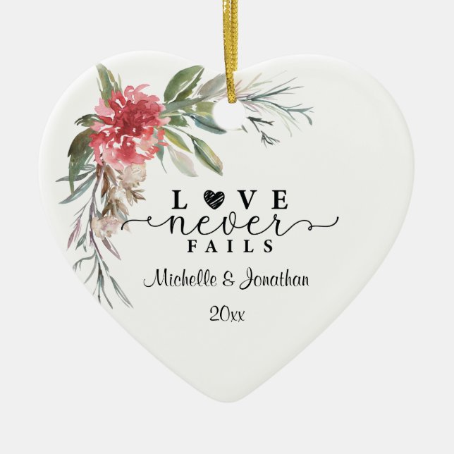 Love Never Fails Elegant Pink Floral Bible Heart Ceramic Ornament (Front)