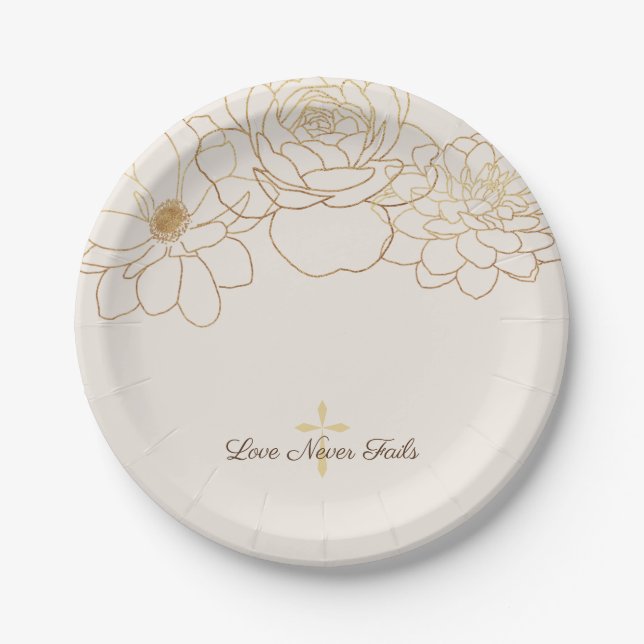 Love Never Fails Gold Flower & Cross Paper Plate (Front)