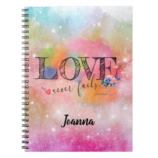 Love Never Fails pastel scripture   Notebook (Front)