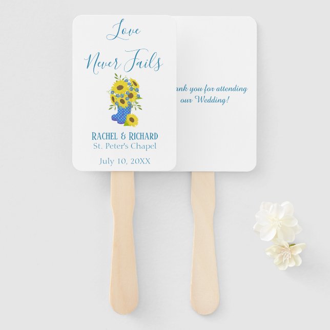 Love Never Fails Sunflower themed Wedding Hand Fan (Front and Back)