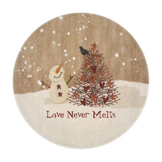 Love Never Melts Snowman Glass Cutting Board (Front)