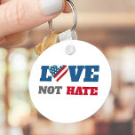 Love Not Hate Bold Rustic USA Flag Heart on White Keychain<br><div class="desc">“Love not hate”. Stand proud and let the world know how good this country is and can be with this thoughtful, striking, graphic, patriotic keychain. A heart filled with a rustic, vintage, bold, red, white and blue wood stripes and stars American flag plus strong navy blue, grey and red typography...</div>