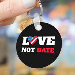 Love Not Hate Bold Type USA Flag Heart Black Keychain<br><div class="desc">“Love not hate”. Stand proud and let the world know how good this country is and can be with this thoughtful, striking, graphic, patriotic, bumper magnet. A heart filled with a rustic, vintage, bold, red, white and blue wood stripes and stars American flag plus strong white and red typography on...</div>