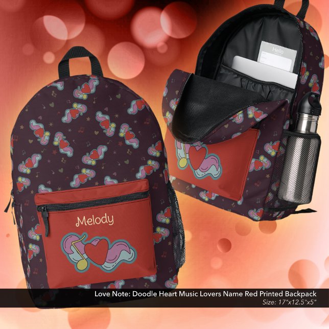 Love Note: Doodle Heart Music Lovers Name Red Printed Backpack (Love Note Doodle Design Backpack: Personalized with Owner's Name - Red Accent Color)