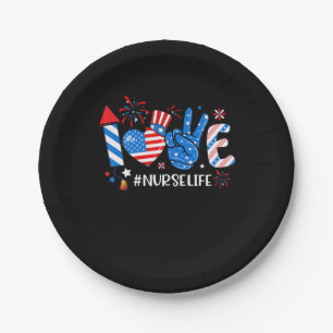 Love Nurse Life American Flag 4Th Of July Paper Plate
