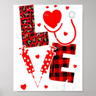Love Nurse Life Valentine Day Leopard Plaid Red He Poster