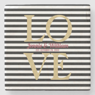 LOVE on Black Stripes Wedding Date Stone Coaster