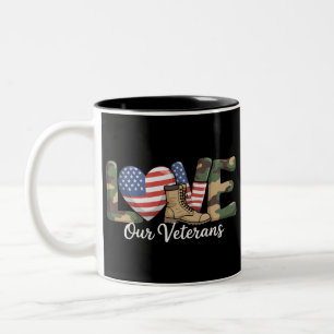 Love Our Veterans Day Proud Military American Flag Two-Tone Coffee Mug
