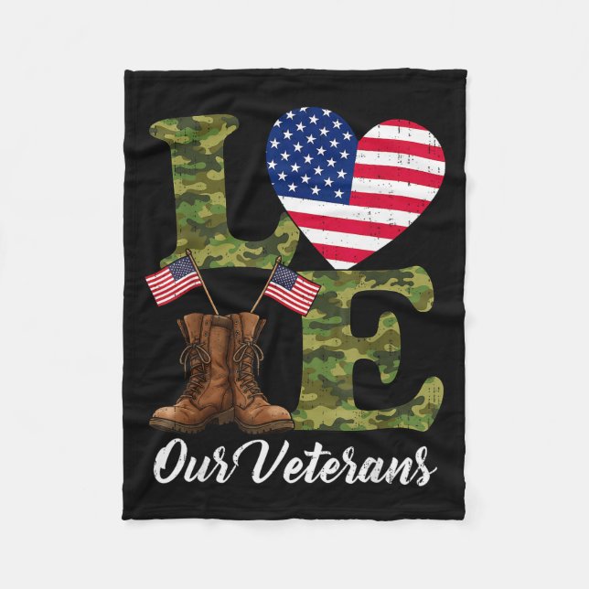 Love Our Veterans Usa Flag Heart Patriotic Army Mi Fleece Blanket (Front)