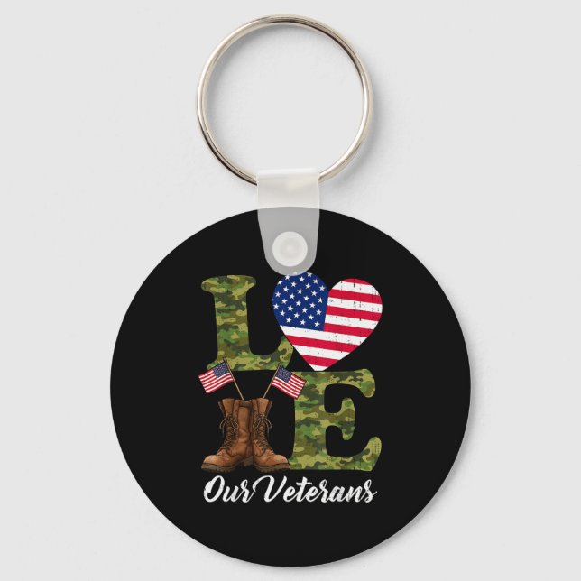 Love Our Veterans Usa Flag Heart Patriotic Army Mi Keychain (Front)