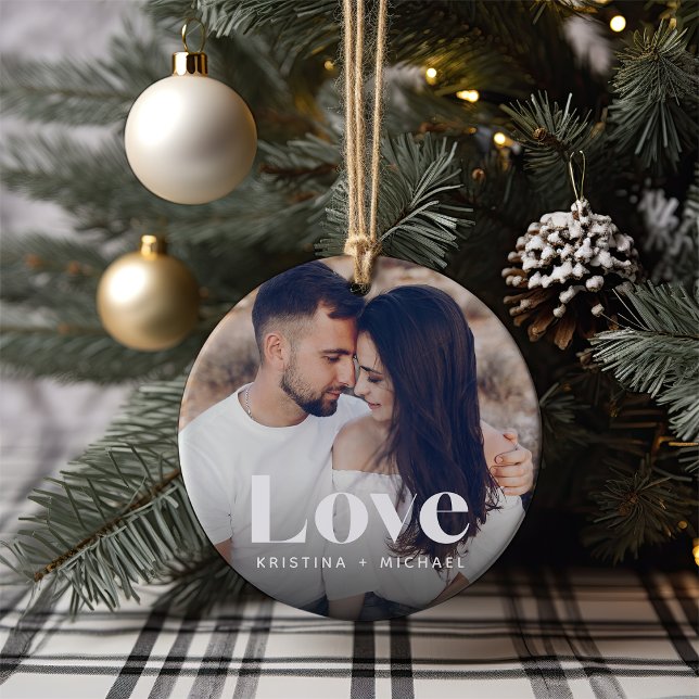 Love Overlay Photo & Names Ceramic Ornament (Creator Uploaded)