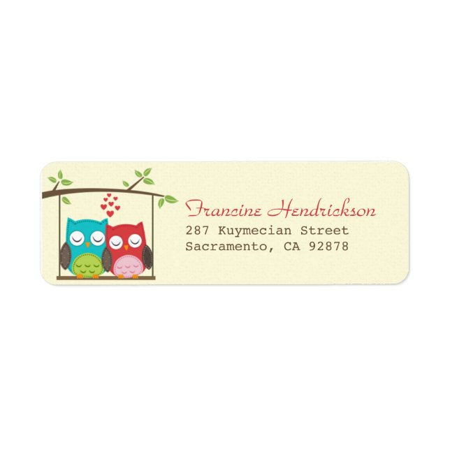 Love Owls On Tree Swing Return Address Label (Front)