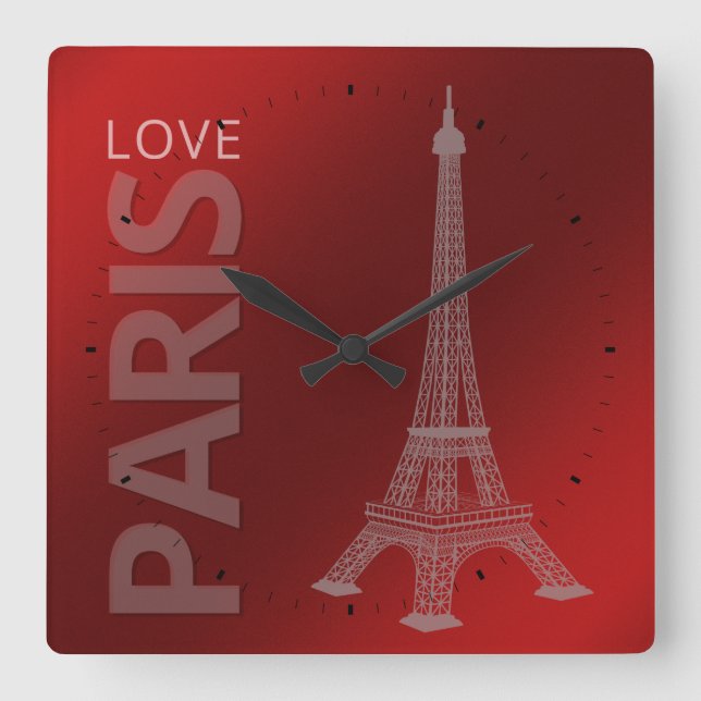 Love Paris Dark Red Square Wall Clock (Front)