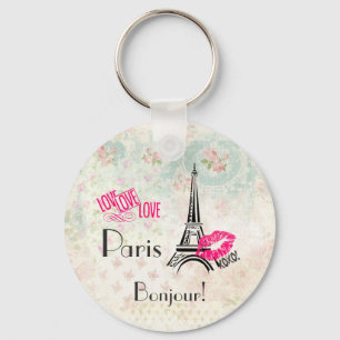 Love Paris with Eiffel Tower on Vintage Pattern Keychain