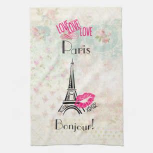 Love Paris with Eiffel Tower on Vintage Pattern Kitchen Towel
