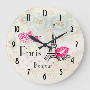 Love Paris with Eiffel Tower on Vintage Pattern Large Clock