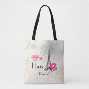 Love Paris with Eiffel Tower on Vintage Pattern Tote Bag