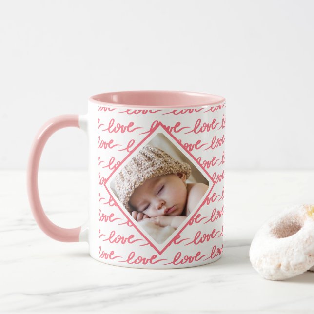 Love Pattern Two Photo Pink Valentine's Day Mug (With Donut)