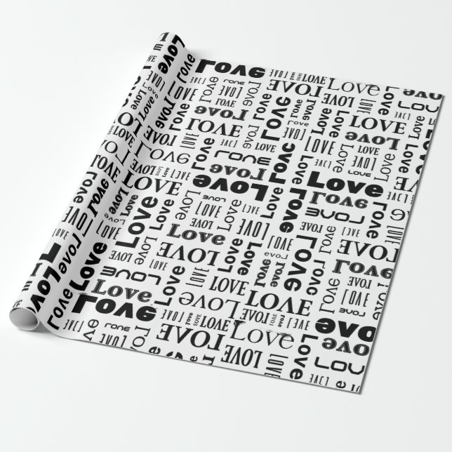 Love Pattern with Black Letters Wrapping Paper (Unrolled)