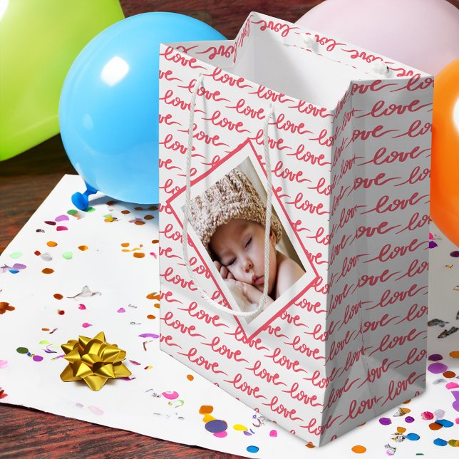 Love Pattern with Two Photos Pink Valentine's Day Medium Gift Bag (Creator Uploaded)