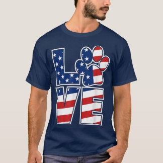 Love Paw 4th Of July USA Flag Military Veteran Dog T-Shirt