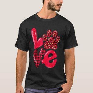 LOVE Paw Dog Cat Leopard Red Plaid Valentines Day T-Shirt