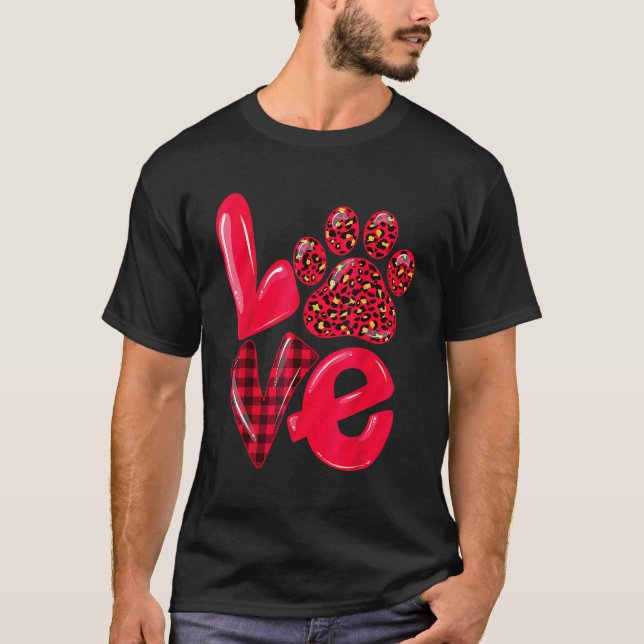 LOVE Paw Dog Cat Leopard Red Plaid Valentines Day  T-Shirt (Front)