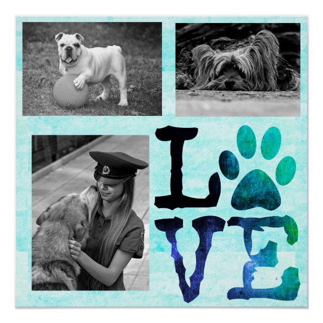 LOVE, Paw Print Personalized Dog Teal Poster (Front)