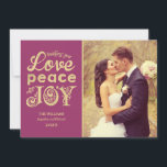 Love Peace and Joy Burgundy Gold Wedding Photo Holiday Card<br><div class="desc">Vintage faux gold foil typography holiday photo card features "Wishing you Love,  Peace and Joy" stylized text,  custom text that can be personalized,  and a floral scroll pattern on the back. Raspberry / burgundy red background colour can be customized to coordinate with your photo.</div>