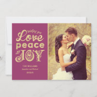 Love Peace and Joy Burgundy Gold Wedding Photo