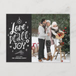 Love Peace and Joy Chalkboard Christmas Photo Holiday Postcard<br><div class="desc">Love,  Peace and Joy. Send holiday wishes to your family and friends with this customizable holiday postcard. It features rustic hand lettering and a faux chalkboard background. This chalkboard Christmas postcard is available in other card styles.</div>