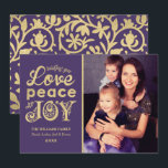 Love Peace and Joy Purple Gold Photo Holiday Card<br><div class="desc">Vintage faux gold foil typography holiday photo card features "Wishing you Love,  Peace and Joy" stylized text,  custom text that can be personalized,  and a floral scroll pattern on the back. Purple / eggplant background color can be customized to coordinate with your photo.</div>