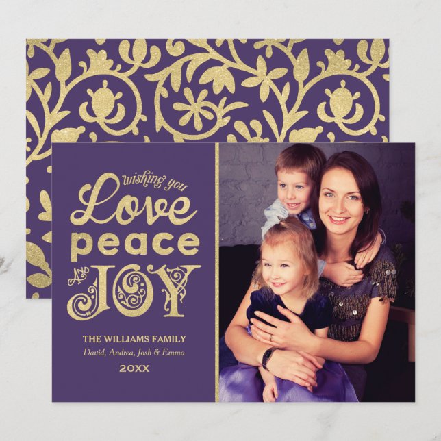 Love Peace and Joy Purple Gold Photo Holiday Card (Front/Back)