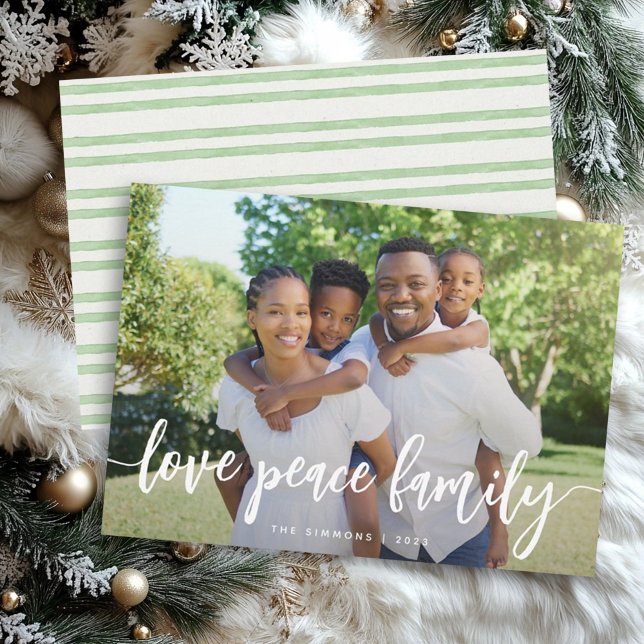 Love Peace Family Modern Brush Script Photo Holiday Card (Creator Uploaded)