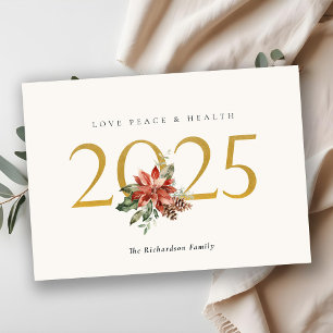Love Peace Health Poinsettia Bunch Foil Gold 2023 Holiday Card