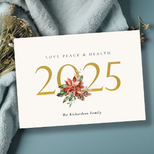Love Peace Health Poinsettia Bunch Foil Gold 2025 Holiday Card