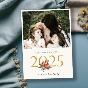 Love Peace Health Poinsettia Bunch Gold 2023 Photo Holiday Card
