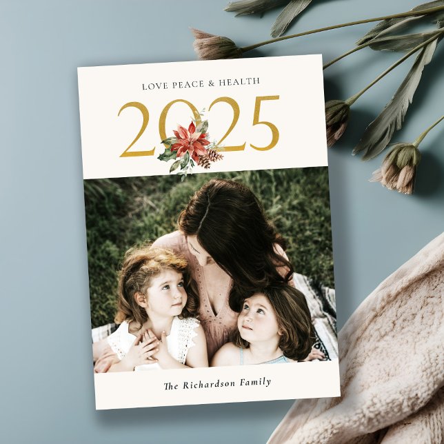 Love Peace Health Poinsettia Bunch Gold 2024 Photo Holiday Card (Creator Uploaded)