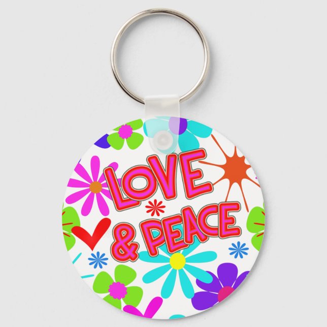 Love & Peace Hippie Flower Power Pattern Keychain (Front)