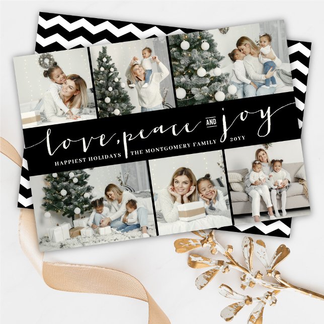 Love Peace Joy Black Band Modern 6 Photo Collage Holiday Card (Creator Uploaded)