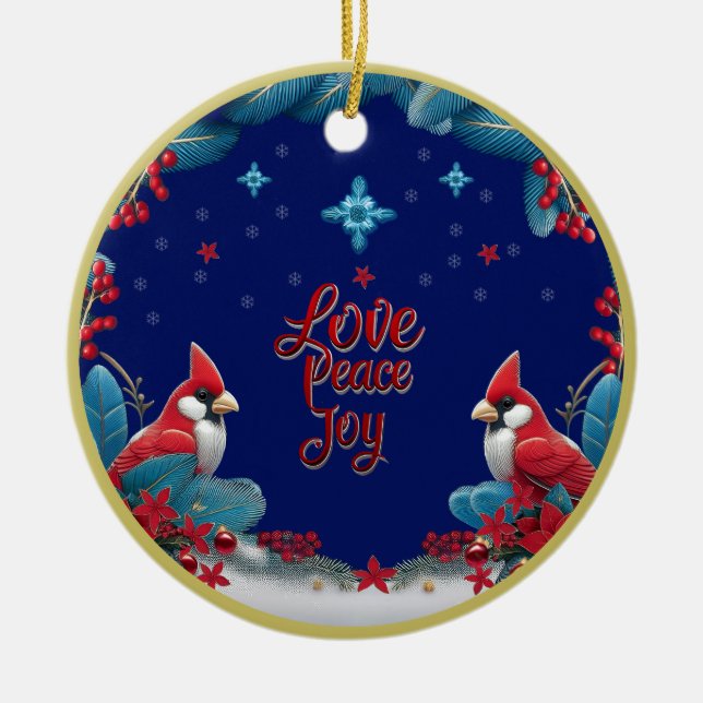 Love, Peace, Joy: Cardinal Christmas Ceramic Ornament (Front)