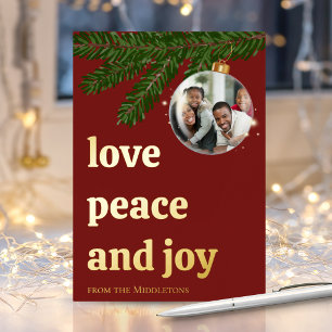 Love Peace Joy Christmas Burgundy Red Gold Foil Holiday Card