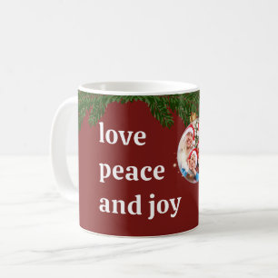 Love Peace Joy Christmas Family Photo Burgundy Coffee Mug