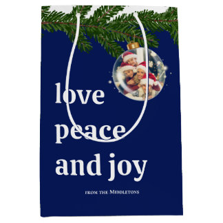 Love Peace Joy Christmas Family Photo Burgundy Red Medium Gift Bag