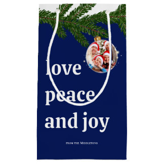 Love Peace Joy Christmas Family Photo Burgundy Red Small Gift Bag