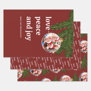 Love Peace Joy Christmas Family Photo Burgundy Wrapping Paper Sheet