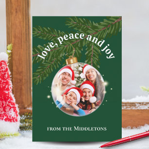 Love Peace Joy Christmas Family Photo Forest Green Holiday Card