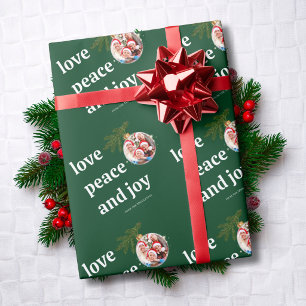 Love Peace Joy Christmas Family Photo Forest Green Wrapping Paper