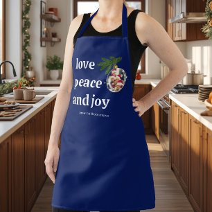 Love Peace Joy Christmas Family Photo Navy Blue Apron