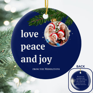 Love Peace Joy Christmas Family Photo Navy Blue Ceramic Ornament